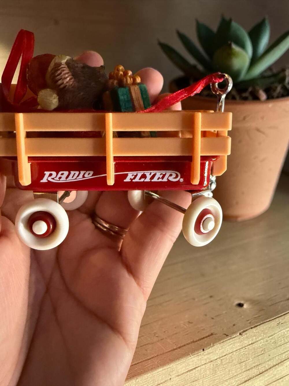 Vintage 1998 Radio Flyer Christmas Ornament Teddy Bear in Red Wagon